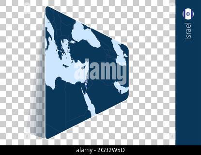 Israel map and flag on transparent background. Highlighted Israel on blue vector map. Stock Vector
