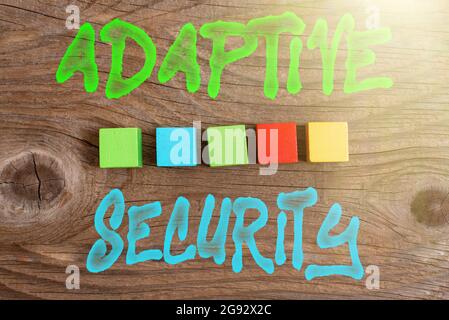 Sign displaying Adaptive Security. Business idea analyzes behaviors and events to protect against threat Stack of Sample Cube Rectangular Boxes On Stock Photo