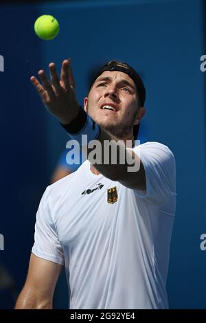 Tokyo, Japan. 24th July, 2021. Tennis: Olympics, men's singles, 1st round, Struff (Germany) - Monteiro (Brazil), at Ariake Tennis Park. Jan-Lennard Struff serves. Credit: Marijan Murat/dpa/Alamy Live News Stock Photo