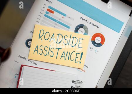 Writing displaying text Roadside Assistance. Business showcase helps drivers when their vehicle breaks down on the road Thinking New Bright Ideas Stock Photo