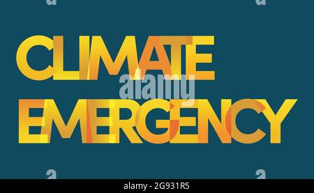 CLIMATE EMERGENCY vector typography banner with blue background and orange temperature gradient text. Vector illustration Stock Vector