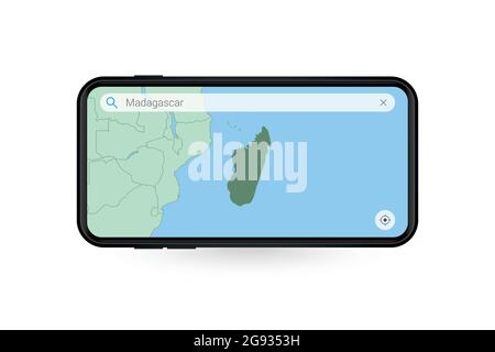 Searching map of Madagascar in Smartphone map application. Map of Madagascar in Cell Phone. Vector illustration. Stock Vector
