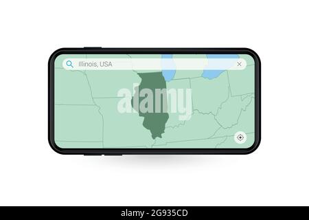 Searching map of Illinois in Smartphone map application. Map of Illinois in Cell Phone. Vector illustration. Stock Vector