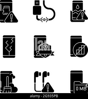 Mobile phone technical issues black glyph icons set on white space Stock Vector