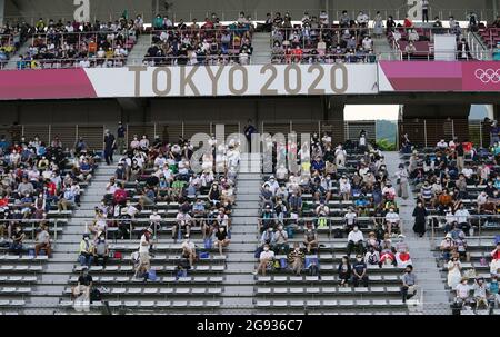 Spectators watch the Men's Road Race at the Fuji International Speedway on the first day of the Tokyo 2020 Olympic Games in Japan. Picture date: Saturday July 24, 2021. Stock Photo