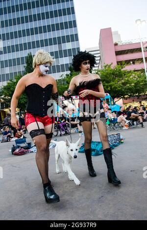 Reno, United States. 22nd July, 2021. Attendees for the 'Rocky Horror Picture show' dress up as movie characters in a costume contest. The 'Rocky Horror Picture show' was part of the 'Pride in the Plaza' LGBTQ  event. (Photo by Ty O'Neil/SOPA Images/Sipa USA) Credit: Sipa USA/Alamy Live News Stock Photo