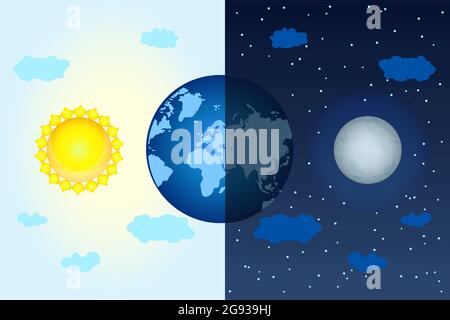 Vernal or autumnal equinox day. Equinox concept with dark and shine planet, sun and moon.Day and night design. Astrology Day.Stock vector illustration Stock Vector