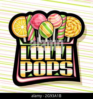 Vector logo for Lollipops, black decorative signboard with various green and yellow cartoon lollipops in a row, square poster with unique brush letter Stock Vector