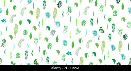 Seamless pattern of green leaves various trees. Foliage of natural branches. Green fresh beauty rustic eco background. Botanical design for textile, w Stock Vector
