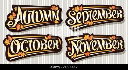 Vector set for Autumn Season, dark logos with curly calligraphic font, falling autumn leaves and decorative stripes, collection of isolated badges wit Stock Vector