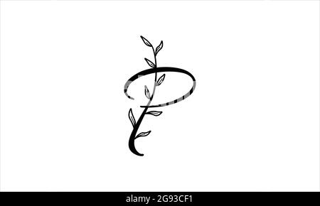 initial letter P floral hand drawn botanical boho icon logo design vector illustration Stock Vector