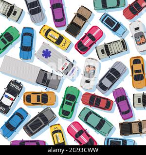 White Road with Different Vehicles in Traffic Jam. Stock Vector