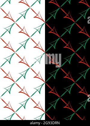 Arrows, square grid seamless pattern. Positive, negative business destination arrow, hand drawn brush ink, sketch style in red, green. Black, white Stock Vector