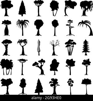 Seth black silhouettes of trees from different climatic zones on a white background - Vector illustration Stock Vector