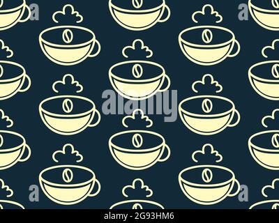 Coffee cup, beans seamless pattern. Outline icons style design, cream color. Black berry editable color background. Vector Stock Vector