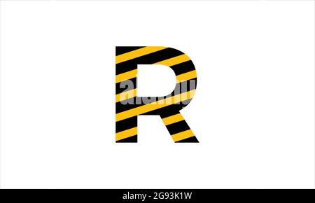 Initial letter R black and  yellow warning tape flat minimalist icon logo design Stock Vector