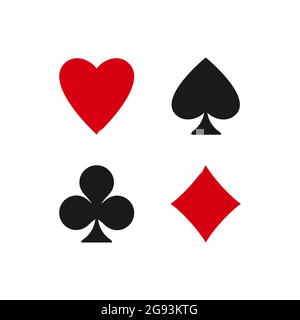 Poker playing cards suits symbols - Spades, Hearts, Diamonds and Clubs. Playing card deck icons isolated on white. Casino, game, party symbol. Stock Vector