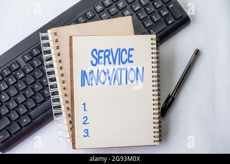 Handwriting text Service Innovation. Business showcase changing the way you serve better your customers Two Plain Lined Spiral Notebooks With Pen And Stock Photo