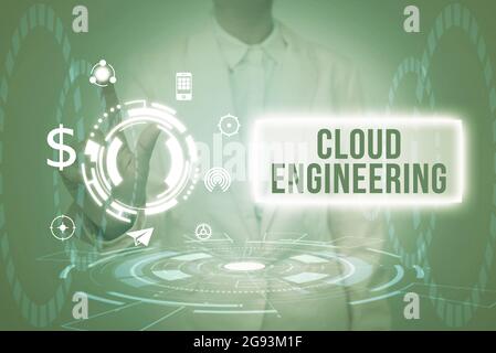 Text caption presenting Cloud Engineering. Business concept application of engineering disciplines to cloud computing Lady In Uniform Holding Tablet Stock Photo