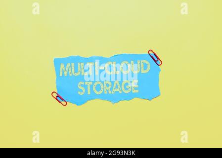 Handwriting text Multi Cloud Storage. Business overview use of multiple cloud computing and storage services Critical Thinking Finding Clues Answering Stock Photo