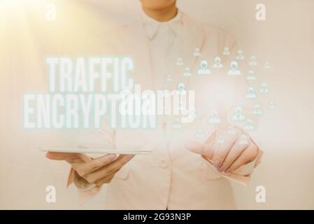 Sign displaying Traffic Encryption. Conceptual photo method of securing the transmission of information Lady Holding Tablet Pressing On Virtual Button Stock Photo