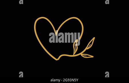 floral heart feminine icon logo design in golden color  with black background Stock Vector