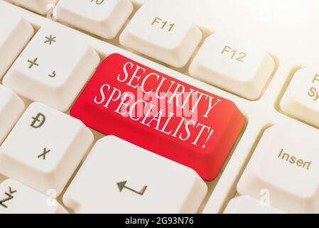 Hand writing sign Security Specialist. Word for specializes in the security of showing assets or systems Fixing Internet Problems Concept, Sending Stock Photo