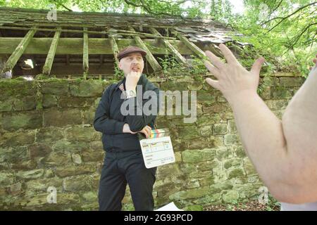 Sheffield, UK - 17 July 2017 : David Cracker & Barbara Bentley in creative discussion on location filming Meltdown by Wellred Films at Eccleshall Wood Stock Photo