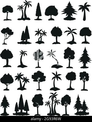 Seth black silhouettes of trees from different climatic zones on a white background - Vector illustration Stock Vector