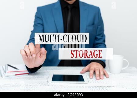 Sign displaying Multi Cloud Storage. Word for use of multiple cloud computing and storage services Presenting Communication Technology Smartphone Stock Photo