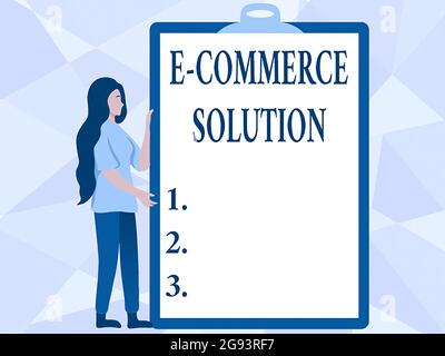 Writing displaying text E Commerce Solution, Word for Software used by business in selling products online Woman Drawing Holding A Big Empty Clipboard Stock Photo