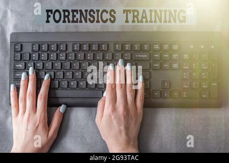 Text caption presenting Forensics Training. Business concept scientific methods and processes to solving crimes Lady Hands Pointing Pressing Computer Stock Photo