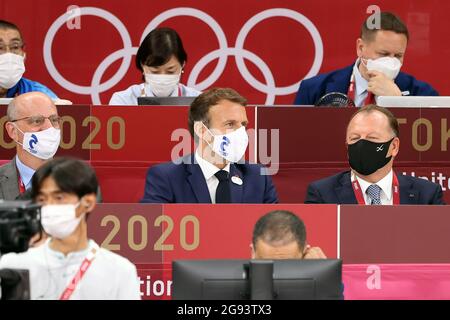Tokyo, Japan. 24th July, 2021. Tokyo 24-07-2021. Franch president attends the judo competitions Emmanuel Macron during the Tokyo 2020 Olympic Games at Nippon Budokan Arena on July 24, 2021 in Tokyo, Japan Photo by Paolo Nucci/Insidefoto Credit: insidefoto srl/Alamy Live News Stock Photo