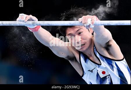 Tokyo, Japan. 24th July, 2021. Uchimura Kohei of Japan performs during the men's artistic gymnastics qualification at the Tokyo 2020 Olympic Games in Tokyo, Japan, on July 24, 2021. Credit: Cheng Min/Xinhua/Alamy Live News Stock Photo