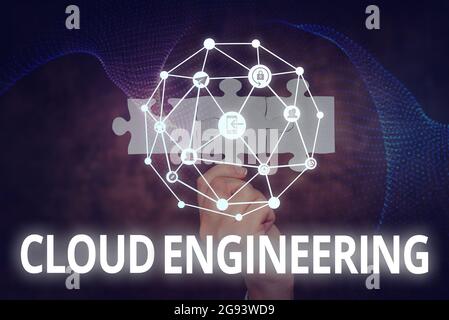 Handwriting text Cloud Engineering. Business concept application of engineering disciplines to cloud computing Hand Holding Jigsaw Puzzle Piece Stock Photo