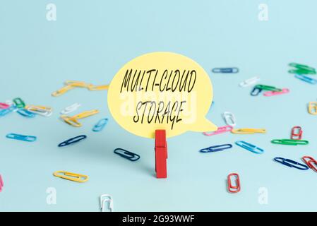 Text caption presenting Multi Cloud Storage, Word Written on use of multiple cloud computing and storage services Colorful Office Supplies Bright Work Stock Photo