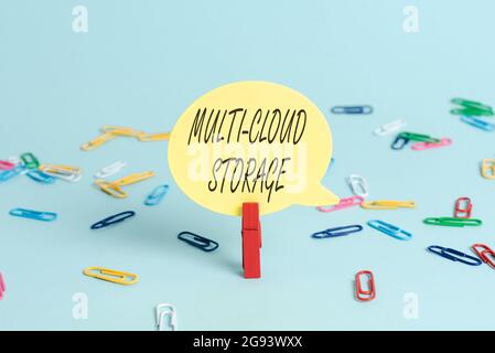 Text caption presenting Multi Cloud Storage, Word Written on use of multiple cloud computing and storage services Colorful Office Supplies Bright Work Stock Photo