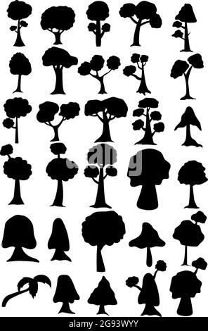 Seth black silhouettes of trees from different climatic zones on a white background - Vector illustration Stock Vector