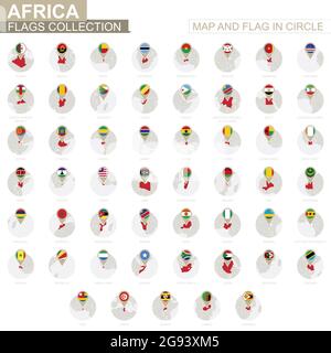 Map and Flag in Circle, Africa Countries Collection. Alphabetically sorted flags and maps. Vector Illustration. Stock Vector