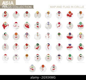 Map and Flag in Circle, Asia Countries Collection. Alphabetically sorted flags and maps. Vector Illustration. Stock Vector