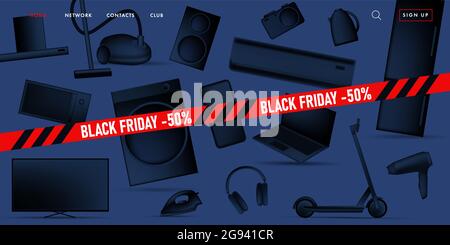 Black Friday sale advertiving banner on promo landing page with 3d illustration of different home and smart electronic devices, black gradient Stock Vector