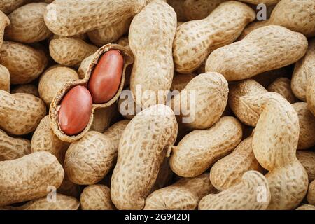 Peeled peanut on well peanuts. Uncleaned inshell peanuts. Peanuts, for background or textures. Stock Photo