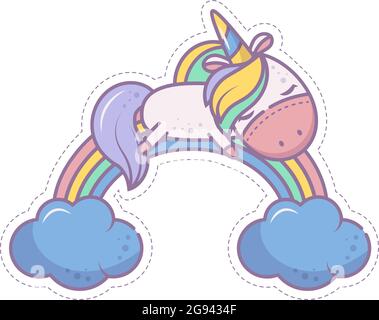 A cute unicorn sleeps on a rainbow in the sky. Isolated object on a white background. Icon in the style of a cartoon. Sticker for children. Linear ill Stock Vector