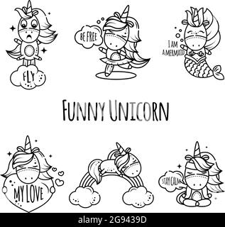 A set of funny stickers with cute magic unicorns. Collection of illustrations in linear style. Icons with black stroke. Animals do yoga, sleep on the Stock Vector
