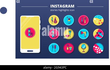 Round linear icons barber shop for eternal stories in Instagram, phone template Stock Vector