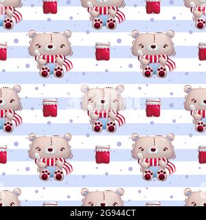 Cute sick teddy bear toy with a thermometer and in a scarf. A jar of jam and a striped background. Vector seamless pattern for textiles, wallpaper or Stock Vector