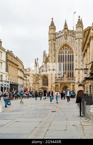 BATH, UK - JUNE 27, 2021: View of Bath Abbey. Founded in the 7th century it became a religious centre. Stock Photo