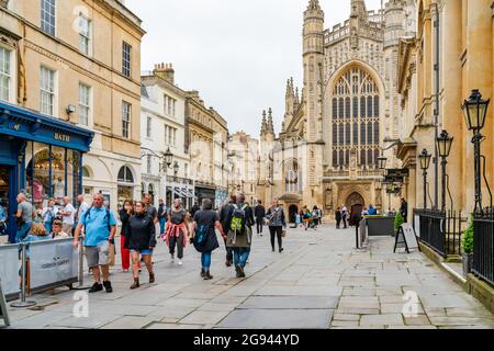 BATH, UK - JUNE 27, 2021: View of Bath Abbey. Founded in the 7th century it became a religious centre. Stock Photo