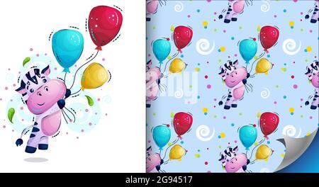 Cute striped zebra flies with balloons.. Set lof vector flat seamless pattern for children in the style of cartoon and illustration. Stock Vector