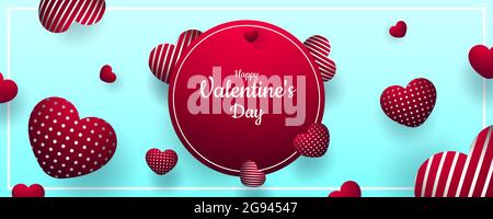 Valentine's Day. Vector sweet and cute blue background with realistic 3D red haearts. Banner for the site or postcards. Place for text Stock Vector